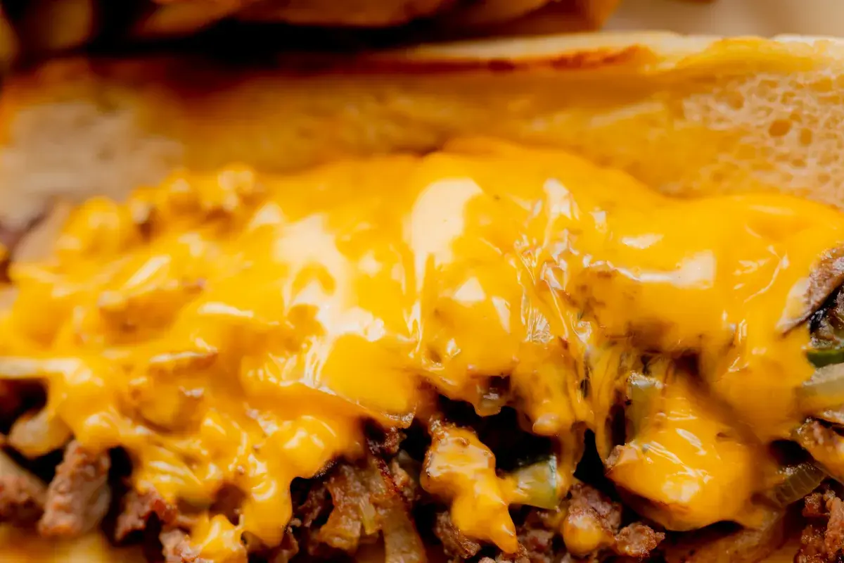 Melted cheese steak sandwich close-up at Harbor House Kona