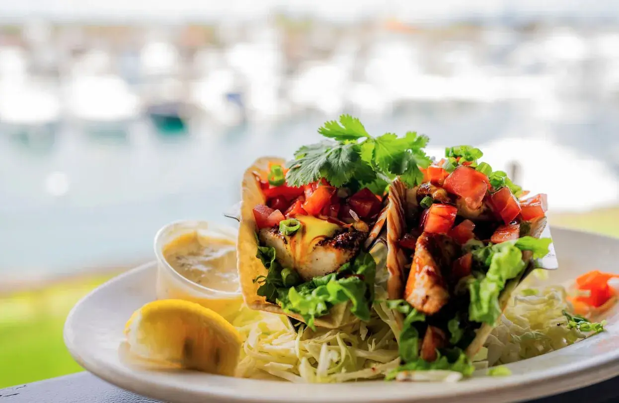 Blackened fish tacos with fresh pico at Harbor House Kona