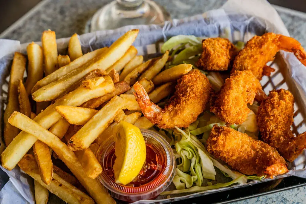 Crispy panko shrimp and fries basket at Harbor House Kona