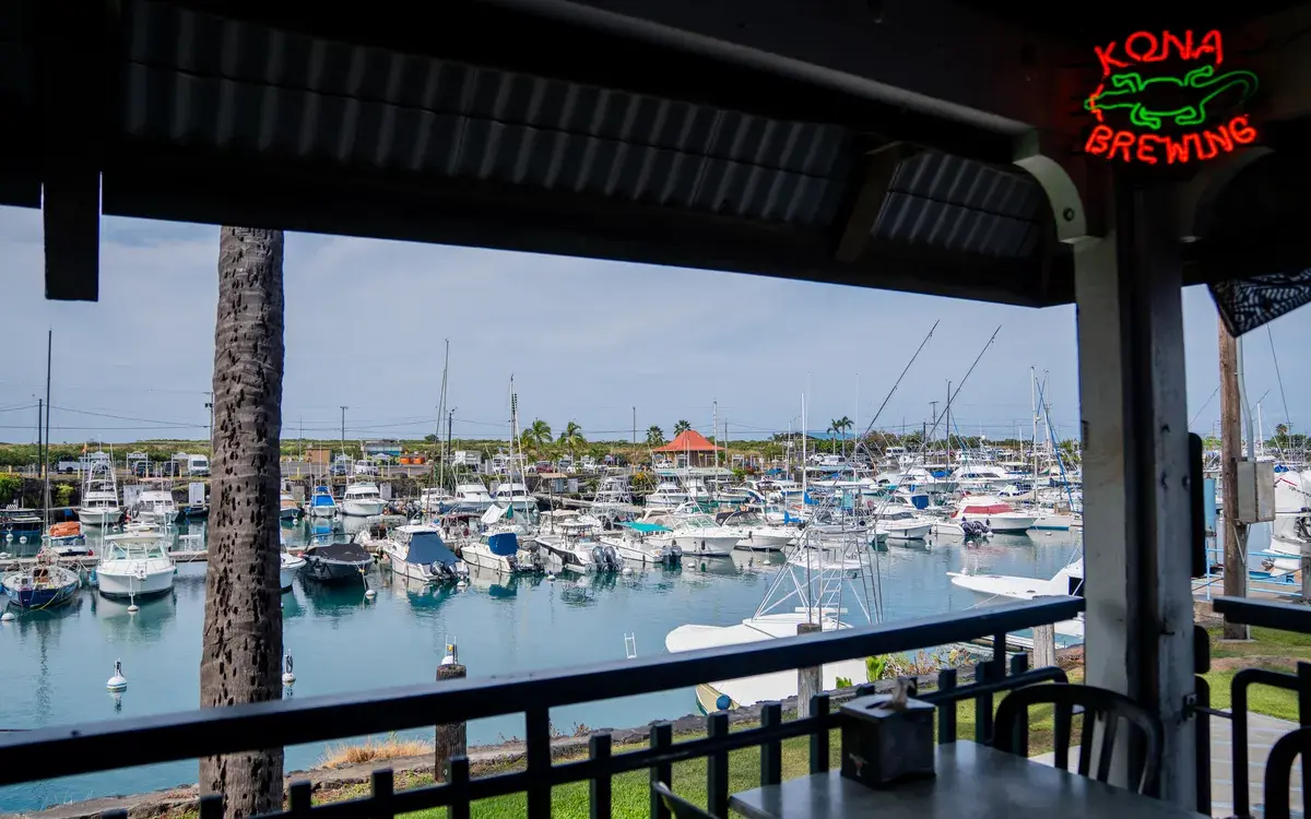 Covered lanai view of the Honokohau marina from Harbor House