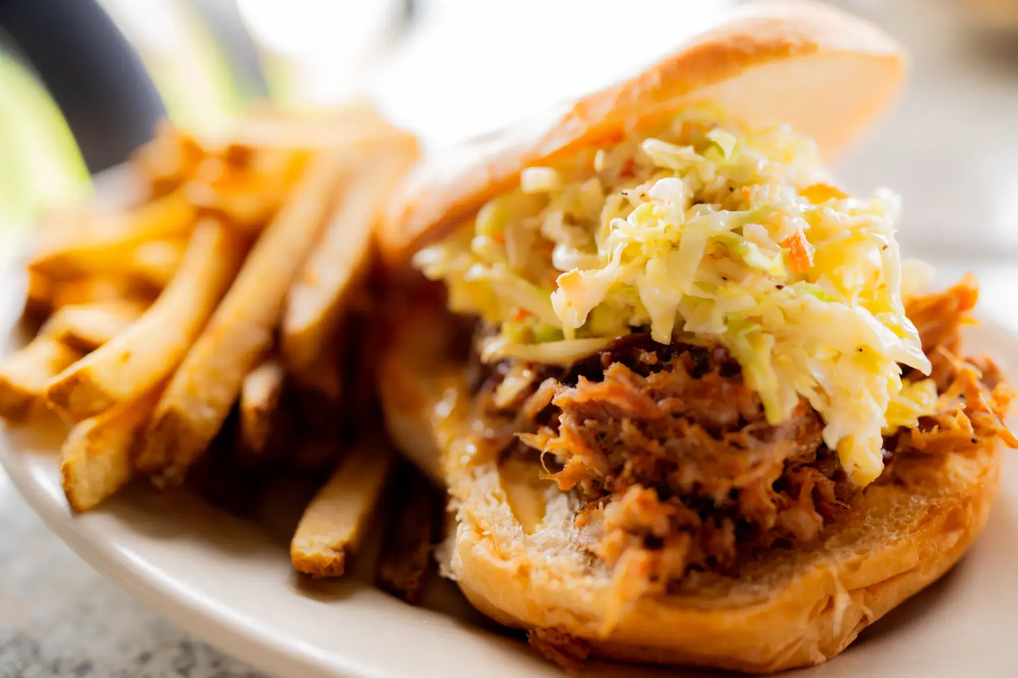 BBQ Pulled Pork at Harbor House Kona, With house coleslaw.
