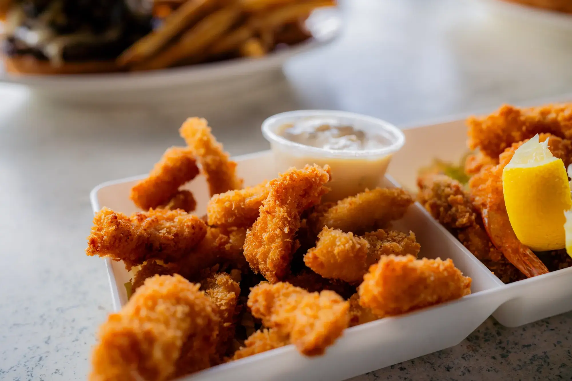 Calamari & Chips at Harbor House Kona, Panko breaded calamari strips.