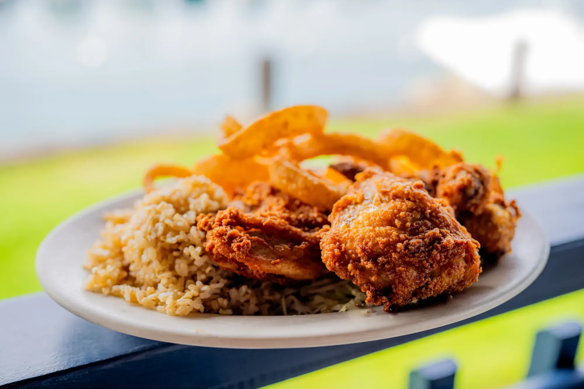 Honey Stung Fried Chicken at Harbor House Kona, Crispy fried chicken.
