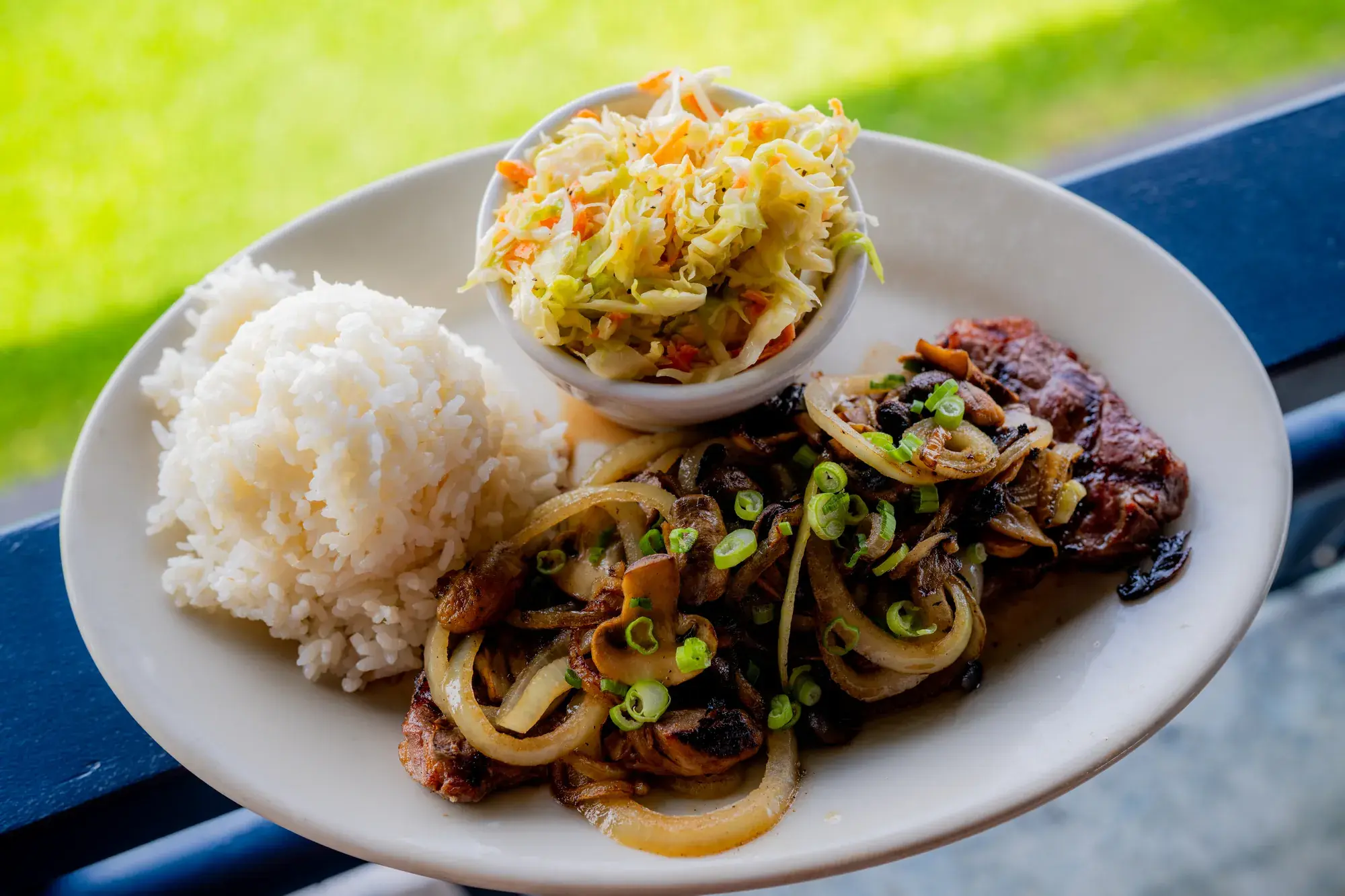 Smoked Meat at Harbor House Kona, Local smoked pork with sautéed onions.