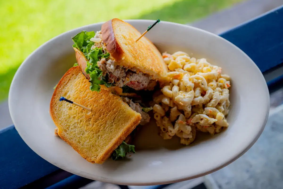 Grilled patty melt with mac salad at Harbor House Kona