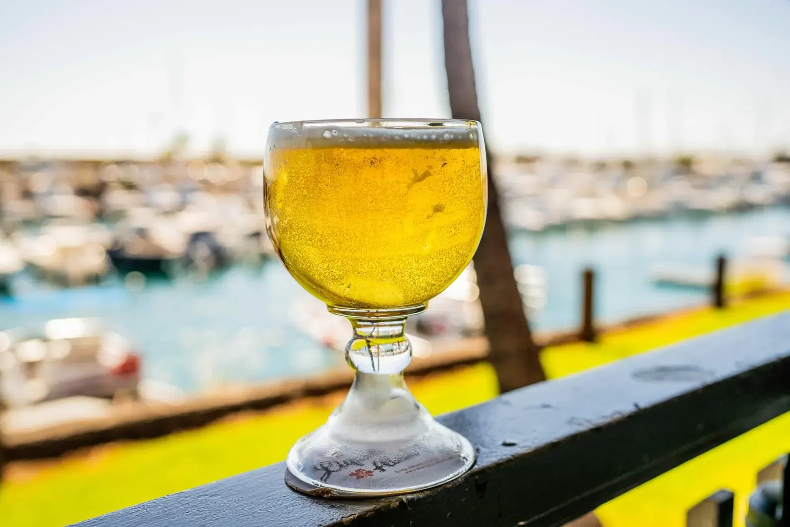 Ice-cold golden schooner of beer on the harbor railing at Harbor House Kona
