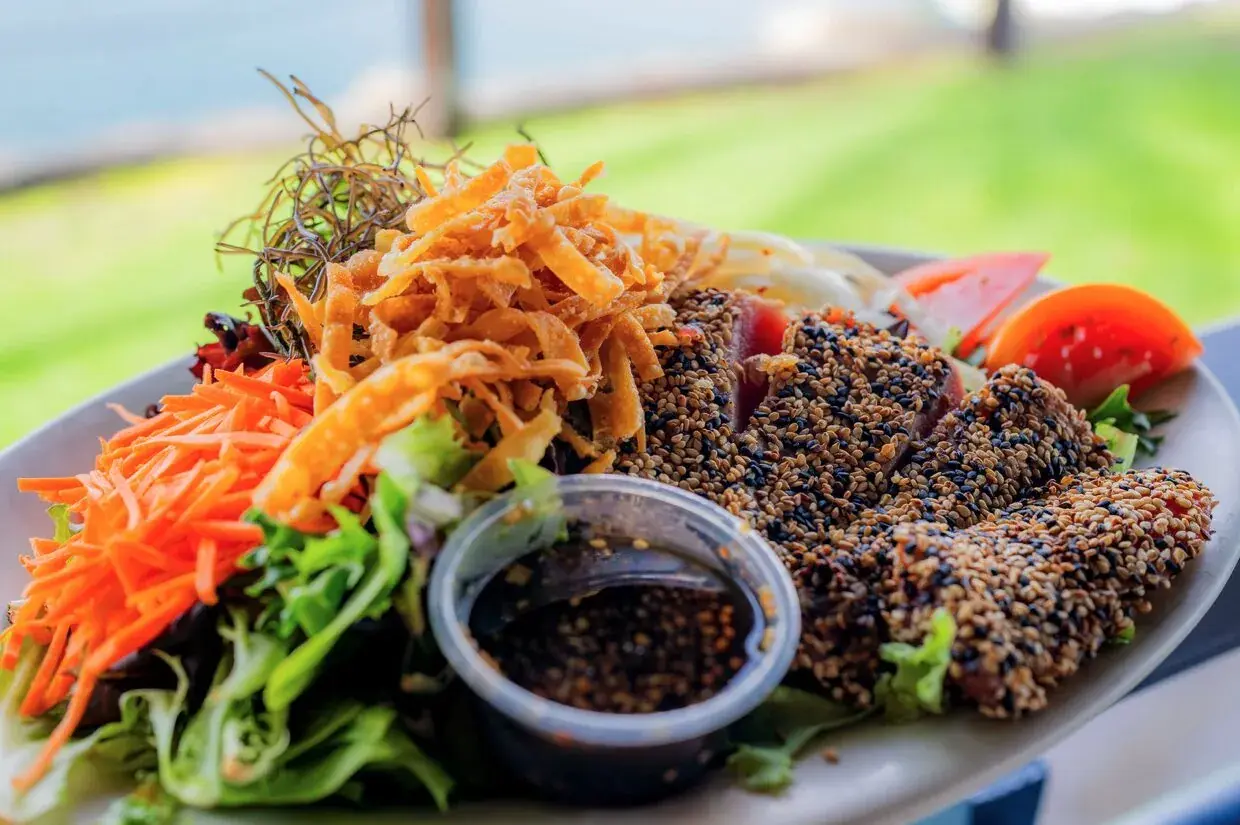 Sesame Ahi Salad with seared ahi and ogo seaweed at Harbor House Kona