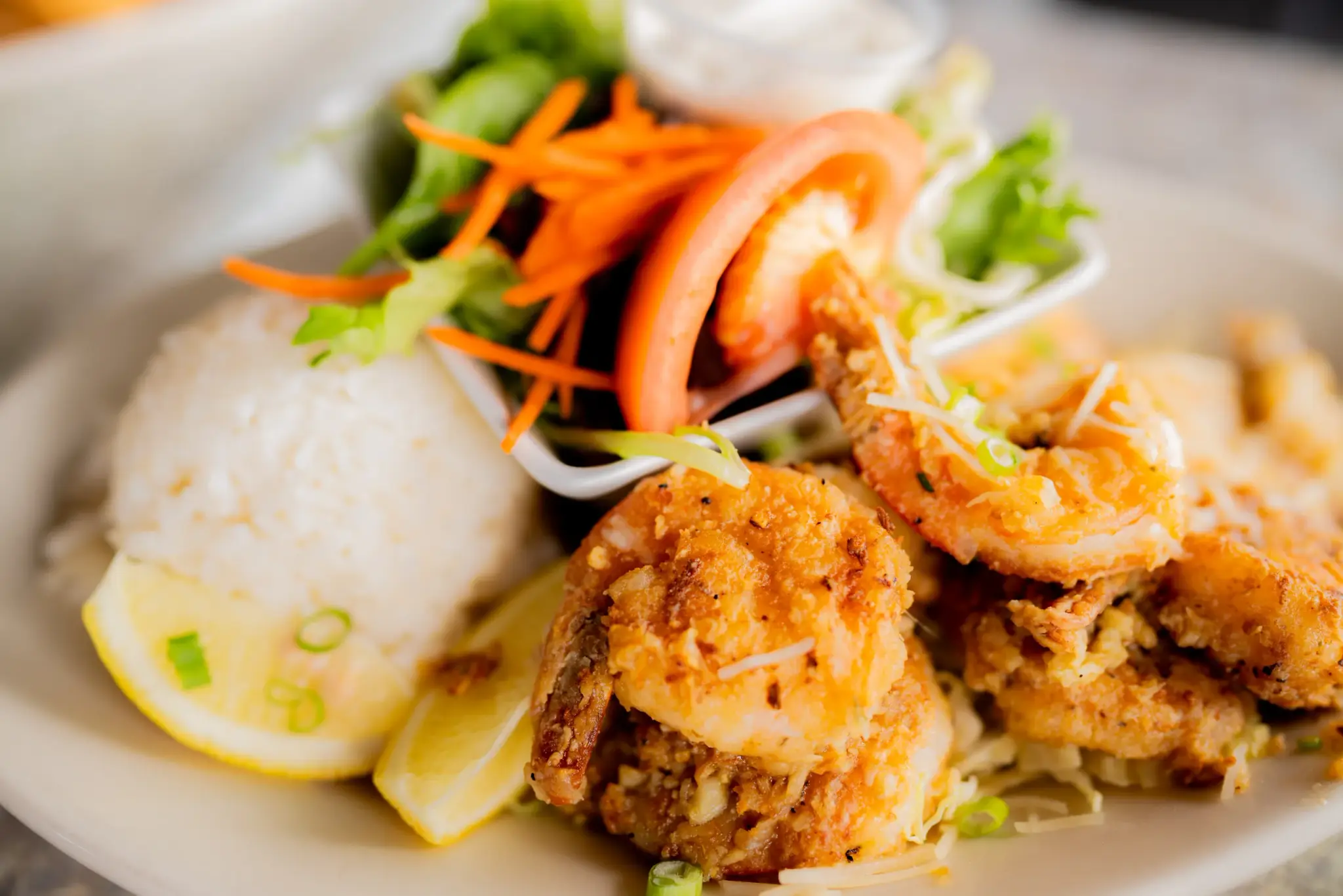 Garlic Shrimp at Harbor House Kona, Our Wednesday special: island-style garlic shrimp with rice and salad.