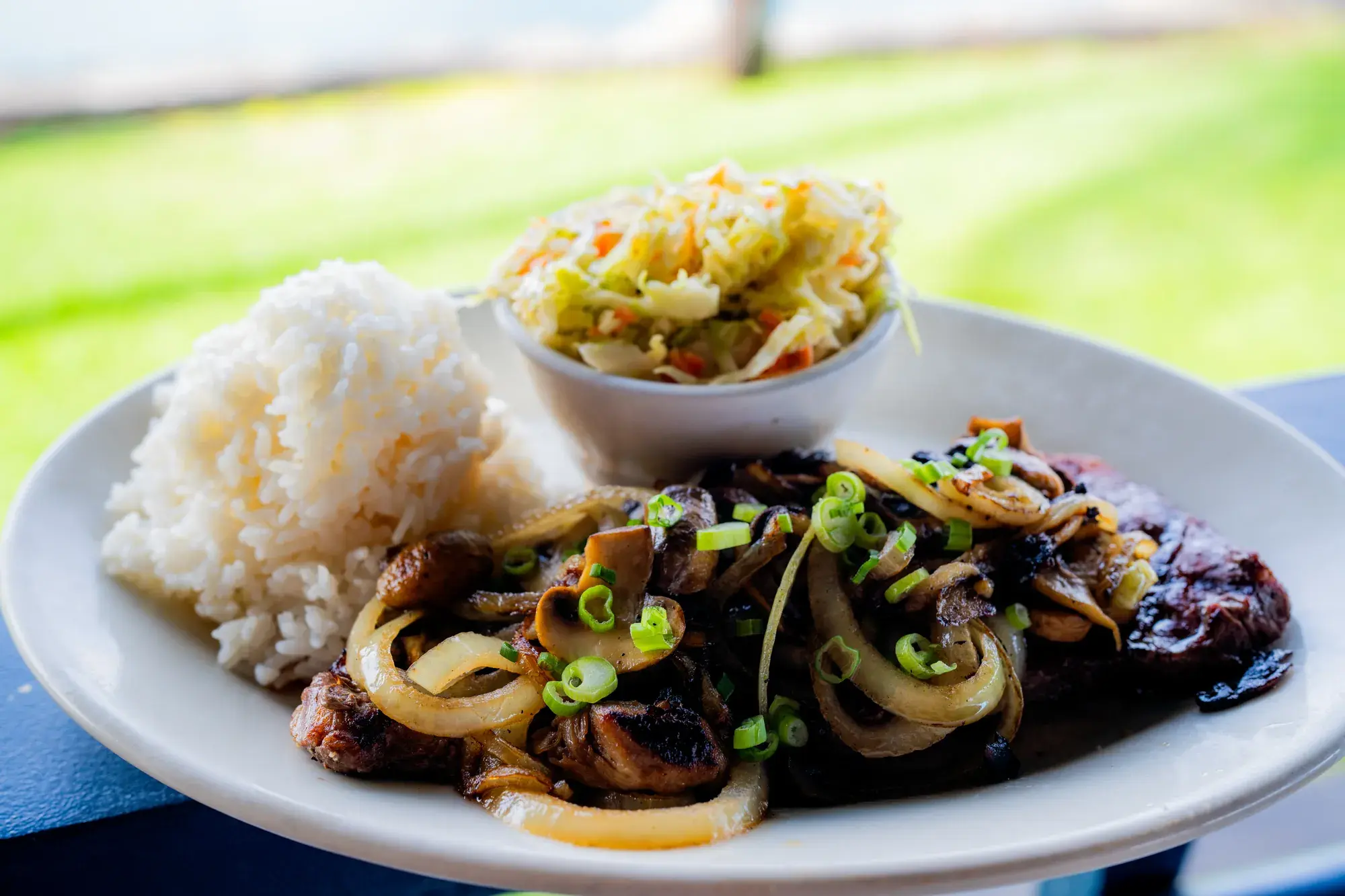 Mauka at Harbor House Kona, 2 eggs any style with an 8 oz strip steak.