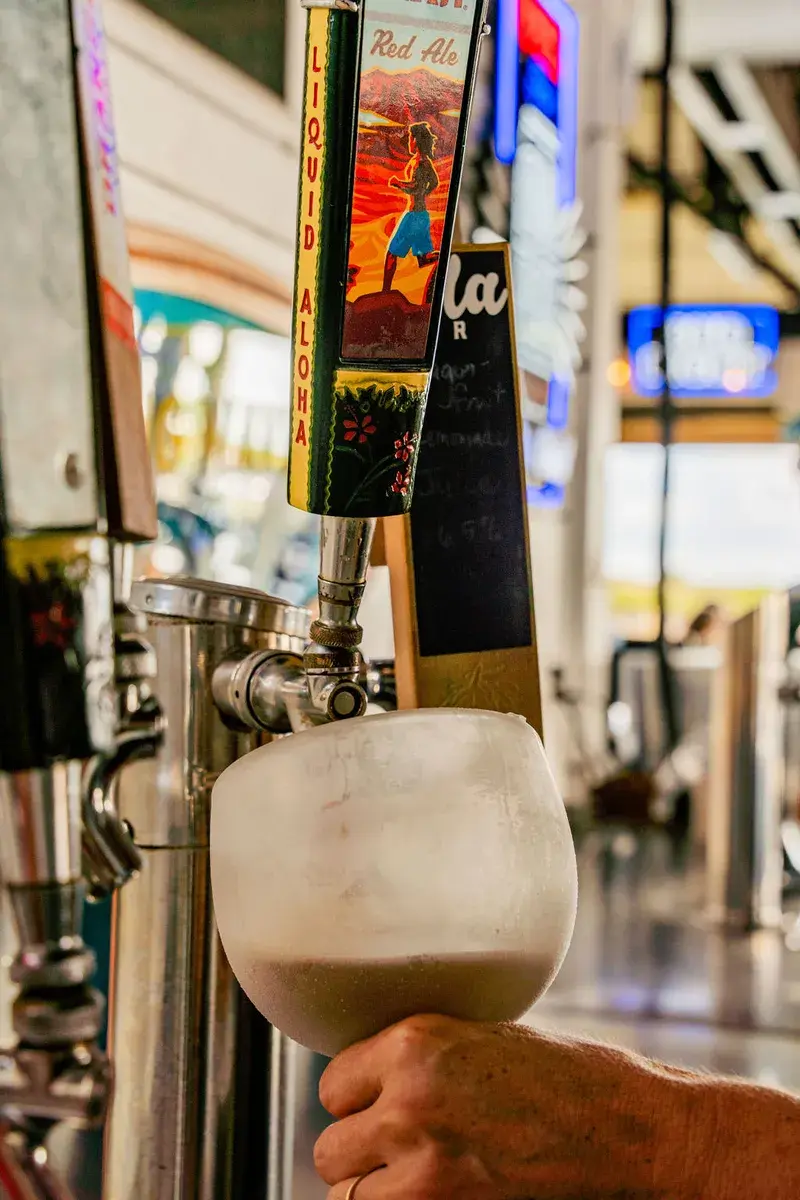 Frosted schooner filling up at the Harbor House beer taps